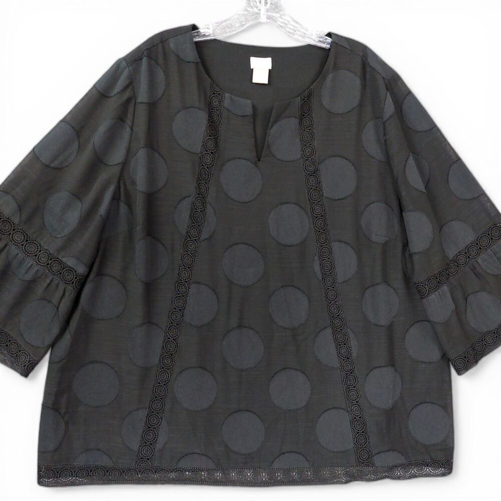 Chico’s Black Polka Dot Blouse Sz 4 (US 20/22) Lace Trim 3/4 Sleeve Textured Top